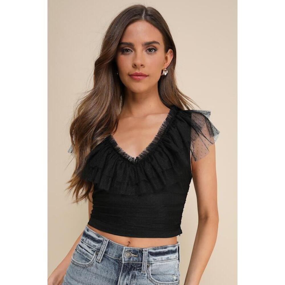 Lulus Delightful Destiny Black Mesh Dot Ruffled Crop Top - Size S